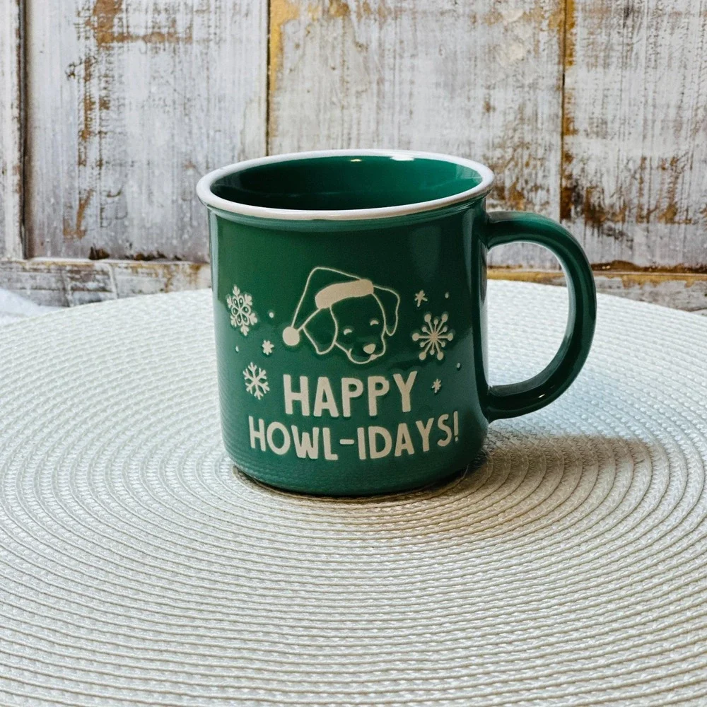 Happy‎ Howl-idays Christmas Puppy Dog Coffee Mug Cup Holiday Santa Snowflake